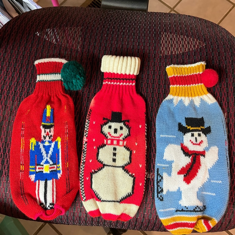 Three vintage knit Christmas Bottle Sweaters